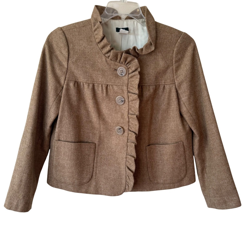 J.Crew Women 100% Wool Blazer 6 Brown Ruffle Trim Jacket Feminine Dark Academia